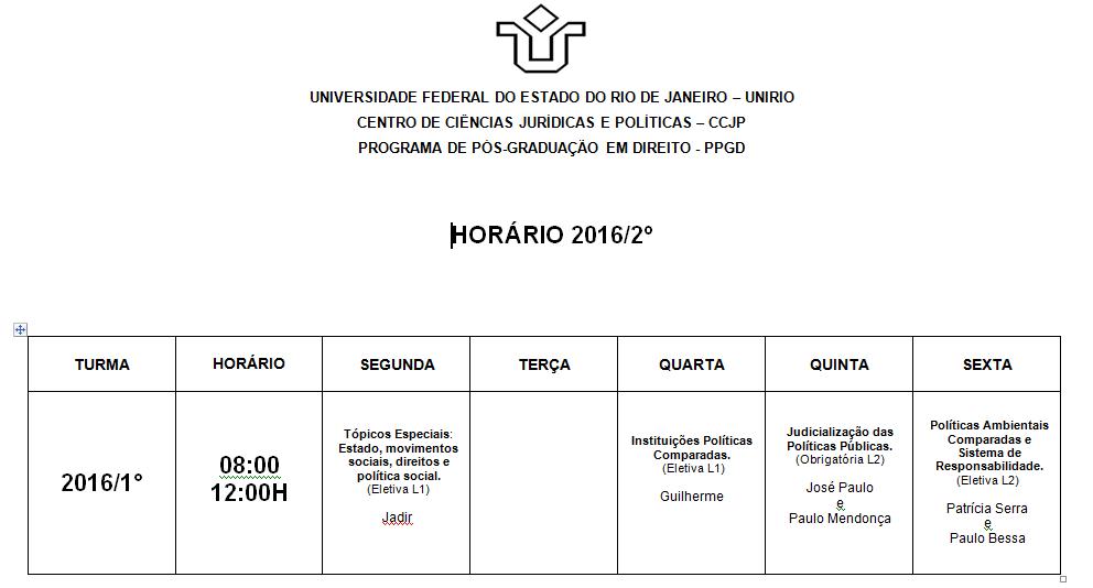 Horário 2016/2° semestre