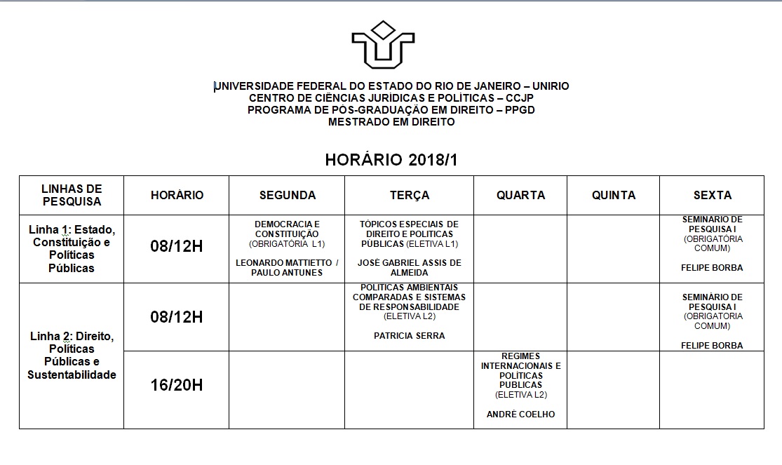 HORÁRIO 2018/1° SEMESTRE