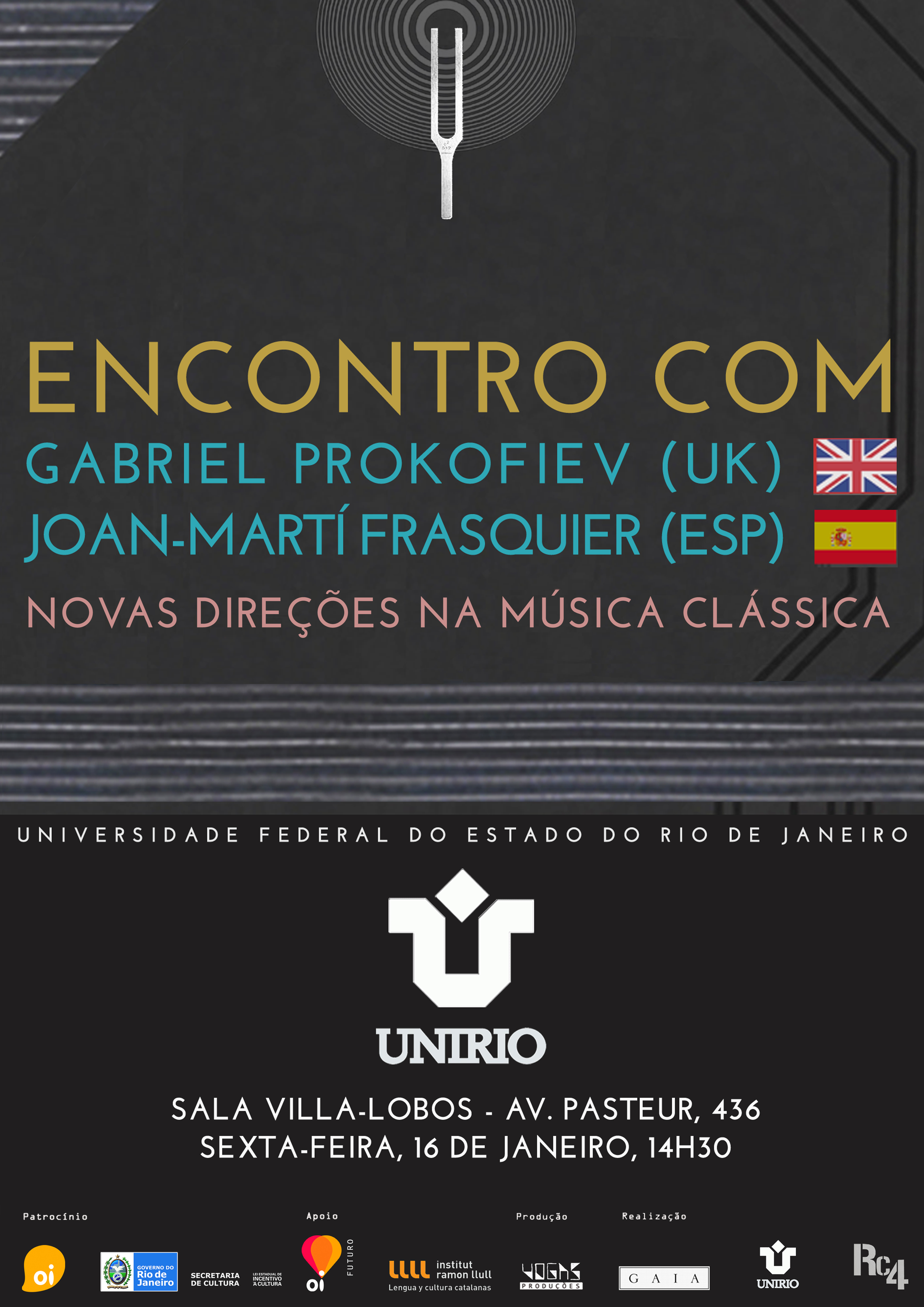 Encontro com o compositor Gabriel Prokofiev e o saxofonista Joan Marti Frasquier, no dia 16/01/15, 14:30h, na Sala Villa Lobos, na Unirio.